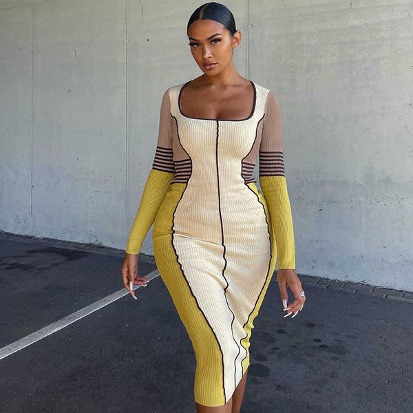 

party dresses streetwear knitting ribbed striped long sleeve bodycon for women fall winter clothes square neck knee-length midi 220103, White;black