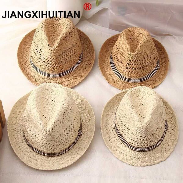 

stingy brim hats 2018 new fashion handwork women summer raffia straw sun boho beach fedora sunhat trilby men panama hat gangster cap 0103, Blue;gray