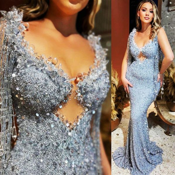 

2023 arabic aso ebi silver mermaid prom dresses crystals beaded evening formal party second reception birthday engagement gowns dress zj806, Black