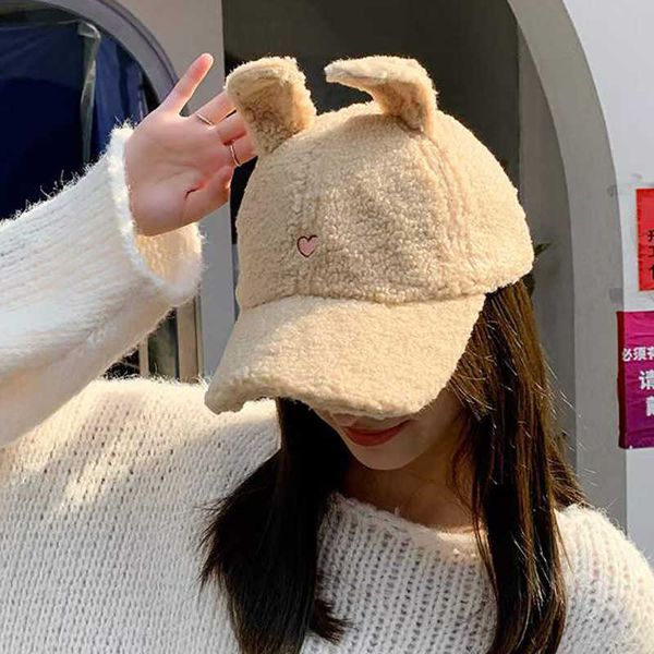 

ball rabbit ears autumn winter baseball women lamb wool hats version tide cap plush girl teddy cashmere warm capss 0103, Blue;gray