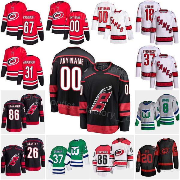 

carolina hockey hurricanes 8 brent burns jersey 37 andrei svechnikov 20 sebastian aho 86 teuvo teravainen 31 frederik andersen 67 max'&, Black;red