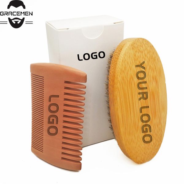 

bamboo beard brush and comb sets oem customized logo men grooming care kit for face / head hair mustache wood brushes & dual sides combs set, Silver