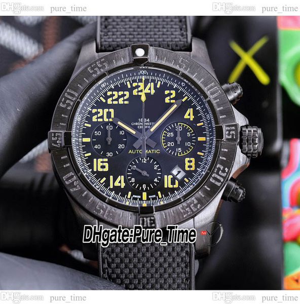 

44mm avenger hurricane quartz chronograph mens watch xb12101a.bf46 yellow dial pvd black steel case satch nylon rubber strap puretime ptbe c, Slivery;brown