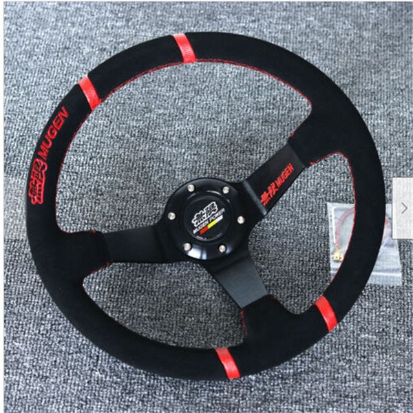

14"universal mugen racing four red ring suede leather deep dish steering wheel