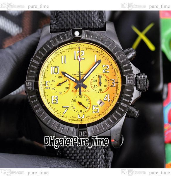 

44mm avenger hurricane quartz chronograph mens watch xb0180e41i1w1 yellow dial pvd black steel case satch nylon leather strap puretime ptbe, Slivery;brown