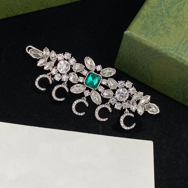 

2022 new emerald crystal hair clips barrettes fashion luxury designer hairjewelry for women party birthday gift jewelry with box, Golden;silver