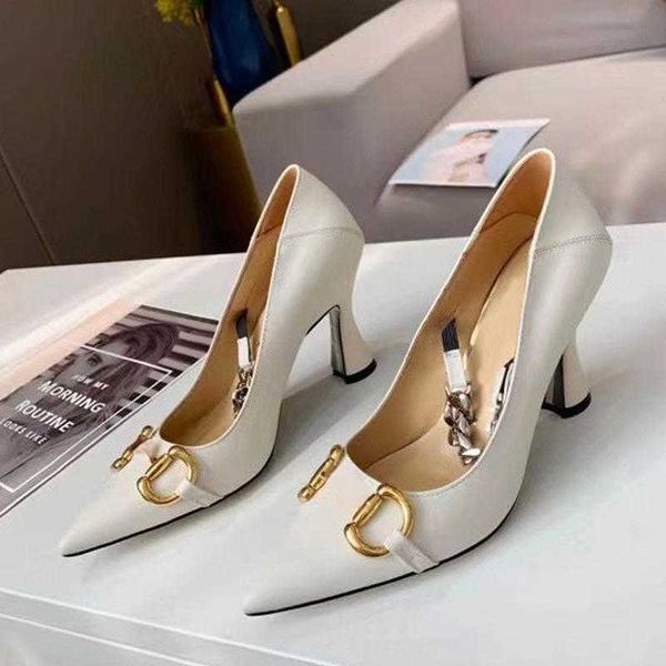 

dress shoes classic high heeled boat shoe designer leather thick heel heels 10c cowhide metal button pointed shoes chain women, Black