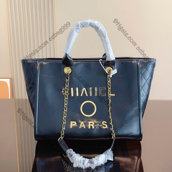 

lager capacity luxury shopping bags black genuine leather gold hardware letter designer handbags handle totes shoulder chain crossbody beach
