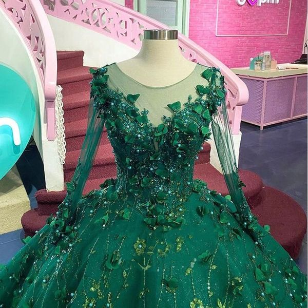

dark green quinceanera dresses 3d floral applique sequins beading long sleeves pearls scoop neck custom made tulle sweet 15 16 princess page, Blue;red