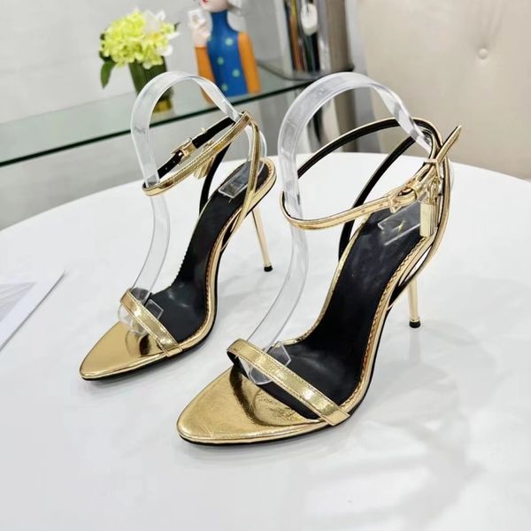 

stiletto heel sandals womens shoe fashion designer satin gold padlock dress shoes genuine leather narrow band high heeled women sandal 35-42, Black
