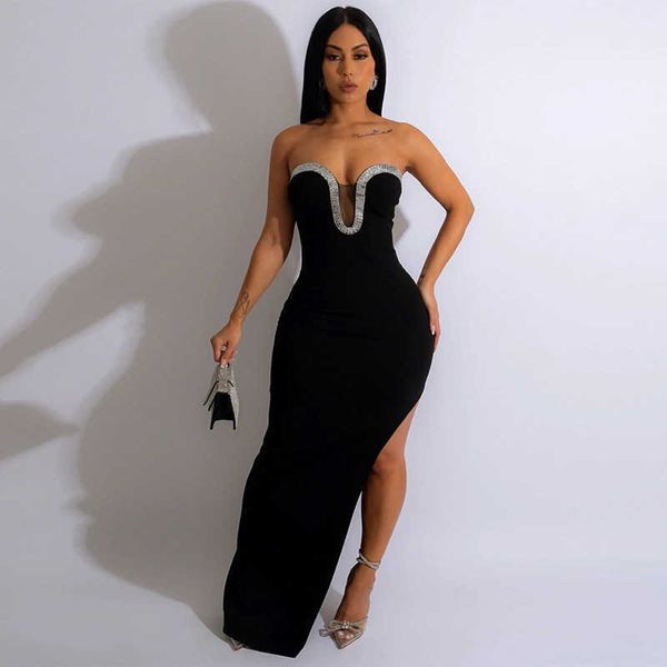 

party dresses high split strapless long women evening wedding nightclub 2023 elegant backless bodycon maxi gown 220103, White;black