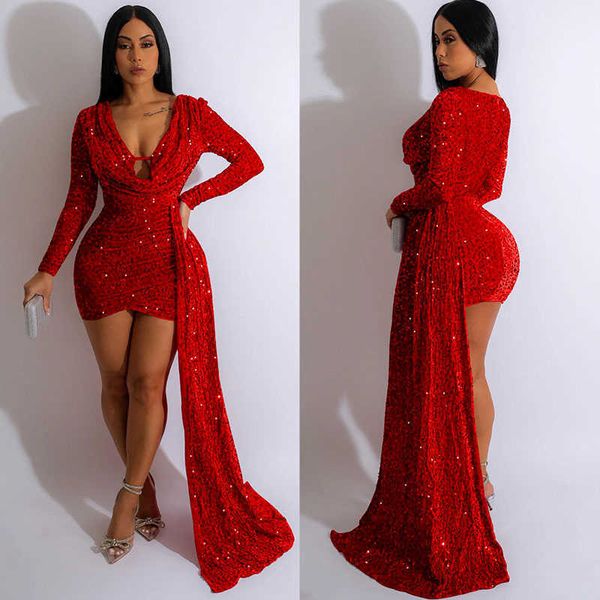 

party dresses ruched v-neck sparkly sequin women night club elegant long sleeve evening bodycon mini special occasion 220103, White;black