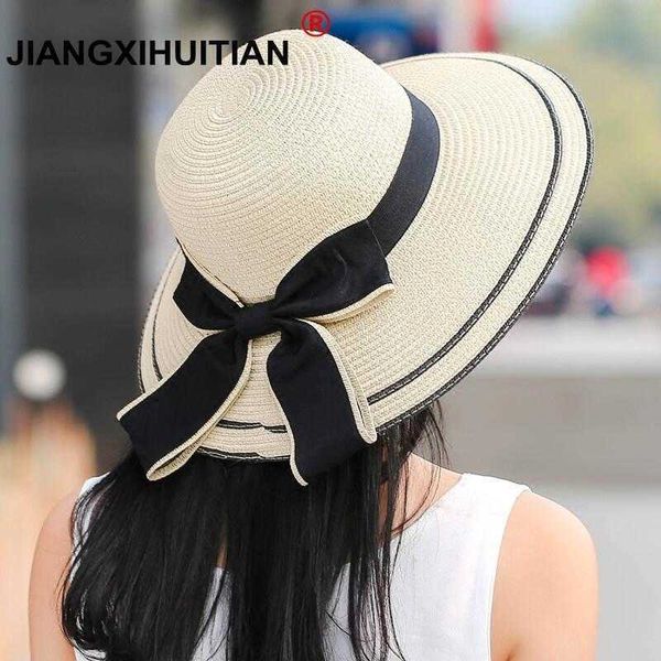 

stingy sun big black bow summer s for women foldable straw beach panama hat visor wide brim femme female 2018 new 0103, Blue;gray
