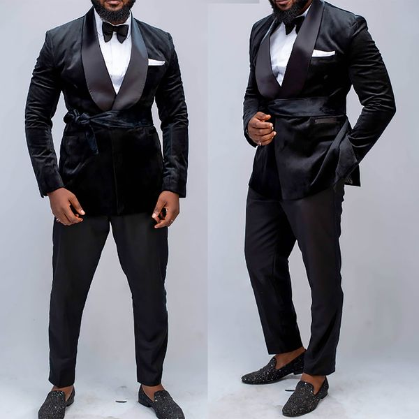 

black velvet men wedding tuxedos plus size custom made one button formal evening prom pants suits 2 pieces, Black;gray