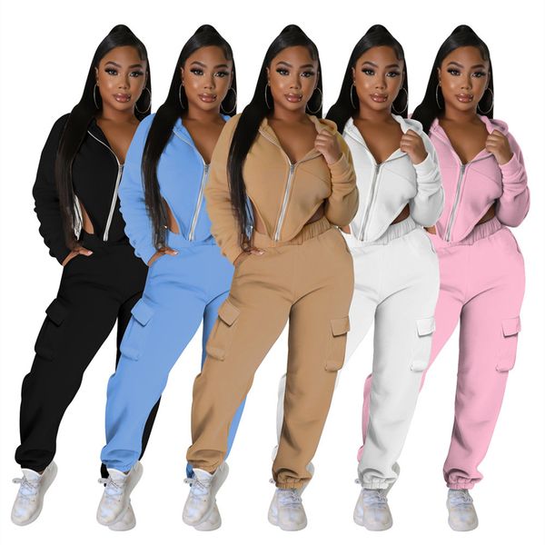 

wholesale fall winter tracksuits women outfits two piece sets long sleeve solid sweatsuits hooded jacket and pants casual sportswear fitness, Gray