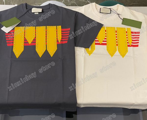 

xinxinbuy men designer tee t shirt paris rivet letters print embroidery jacquard short sleeve cotton women white black red xs-l, Black;brown