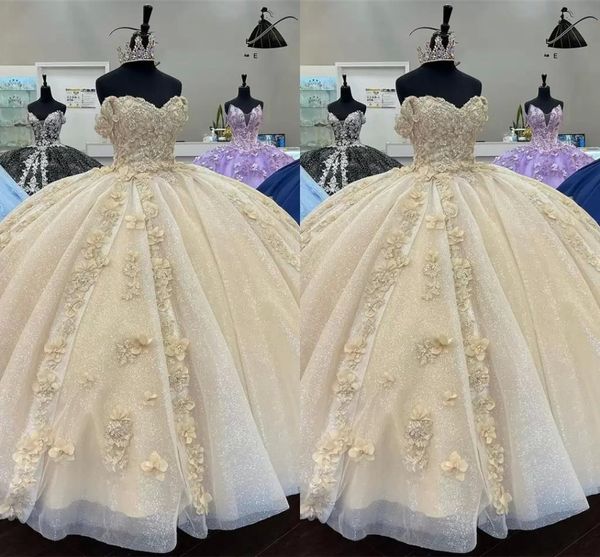 

2023 quinceanera ball gown dresses light champagne off shoulder sequined lace appliques crystal beads 3d floral flowers floor length plus si, Blue;red
