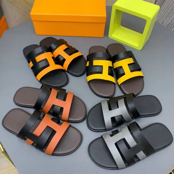 

classic summer slippers luxury brand men shoes new fashion letter designer shoes 5a genuine leather outdoor orange black grey yellow mixed c