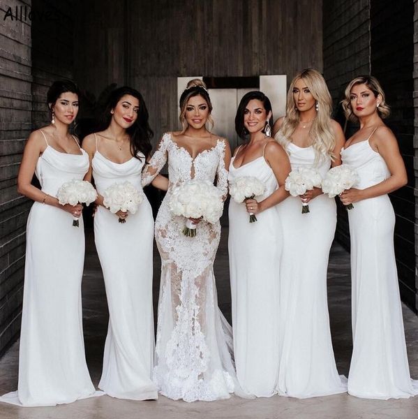 

modest white boho beach bridesamaid dresses spaghetti straps long sweep train simple maid of honor gowns young girl formal wedding guest par, White;pink
