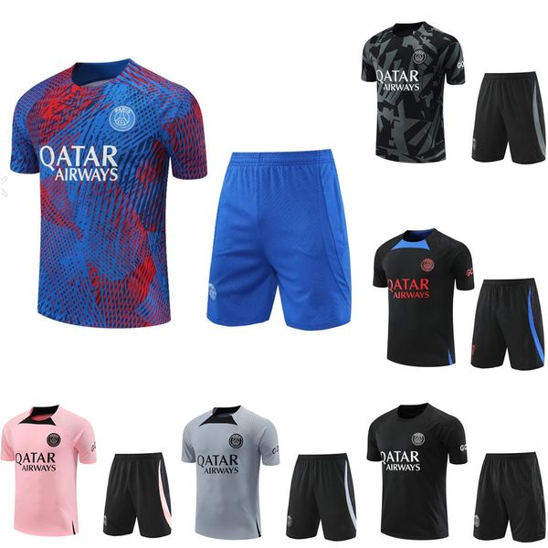 

psgs tracksuit vest 21 22 23 sportswear men training suit short sleeved suit football soccer jersey kit uniform chandal sweatshirt sweater, Black