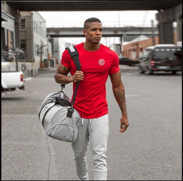 

men's t-shirts muscleguys slim fit t shirt men slim fit tees men gym t-shirts bodybuilding fitness clothing o-neck short sleeve t shir, White;black