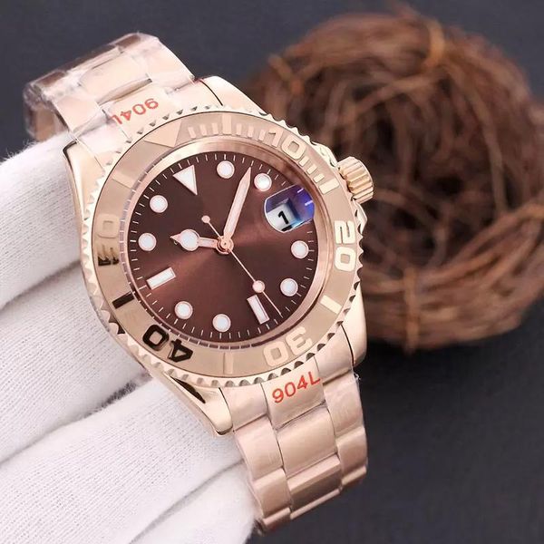 

mens watch 40mm rose gold dial fashion casual men watches stainless steel delicate strap self-winding mechanical movement sports wristwatch, Slivery;brown