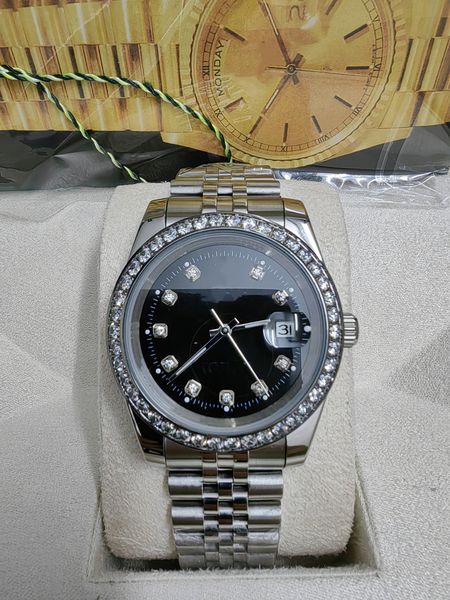 

original box certificate 18k gold president male watches day date diamonds silver black dial watch men stainless diamond bezel automatic wri, Slivery;brown