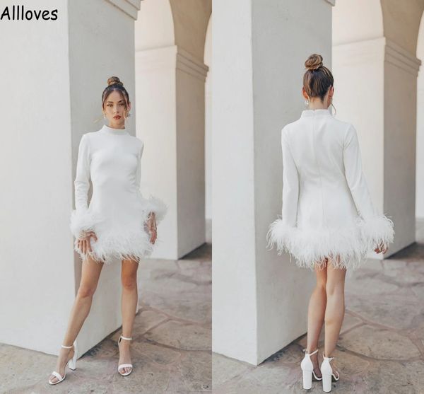 

luxury furs modern white sheath wedding dresses little mini party gowns with long sleeves high neck short bridal second reception dress for
