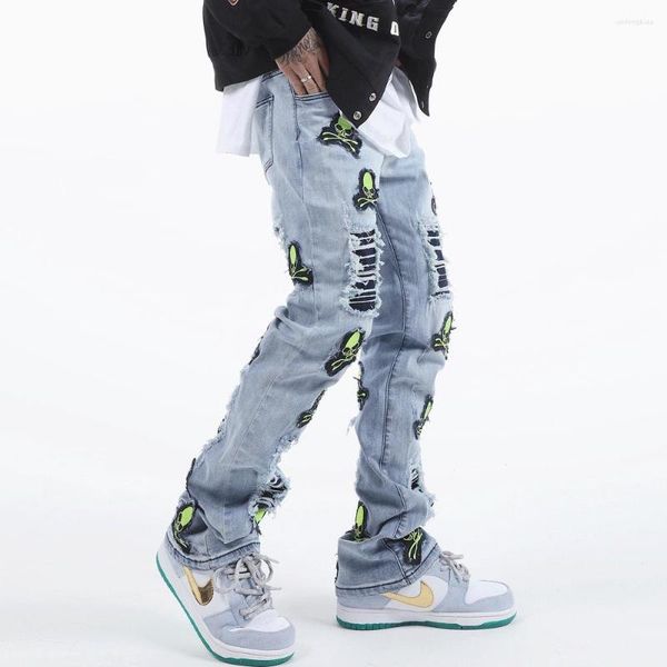 

men's jeans 2023 skull embroidery hole ripped punk gothic men pants skateboard hip hop distressed baggy denim trousers pantalon homme, Blue