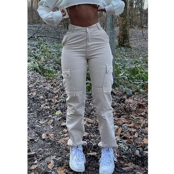 

khaki cargo pants jeans women high waist slim fashion streetwear armygreen big pockets y2k vintage baggy denim trousers overalls, Black;white