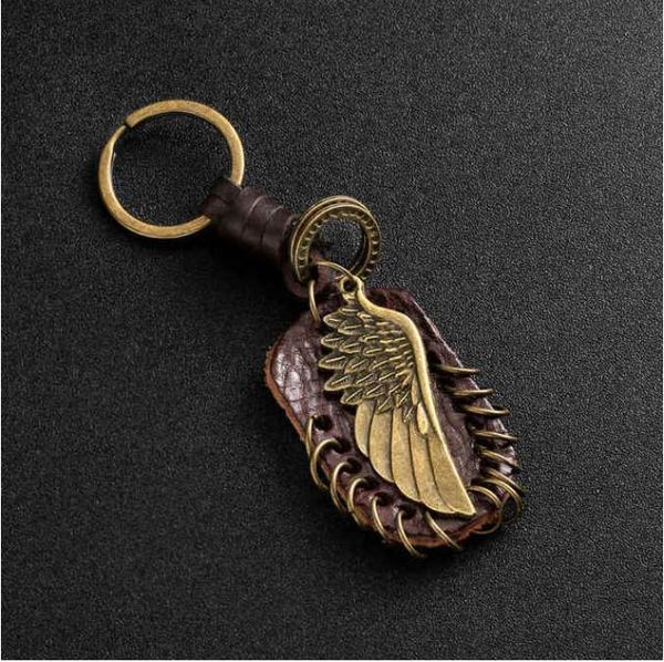

fashion vintage brown genuine leather wing compass music symbol keychain charm handwork alloy accessories men key chain, Slivery;golden