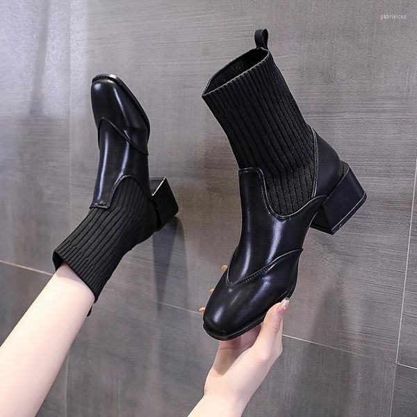 

boots women's splicing ankle solid color square toe stretch block heel slip on shoes, Black