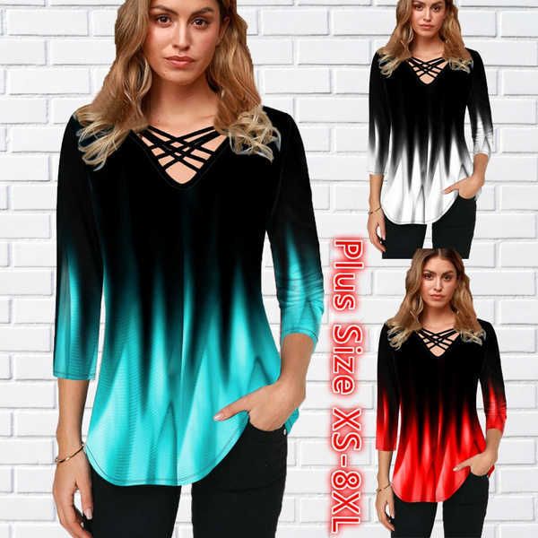 

women's t-shirt 2022 womens casual gradient printed strappy neck ombret shirt female casual colorful half sleeved shirt loose pullover, White