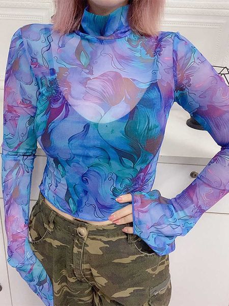

women's t-shirt see through y2k feminist shirt for women clothing graphic tshirt aesthetic clothes turtleneck long sleeves blusa femini, White