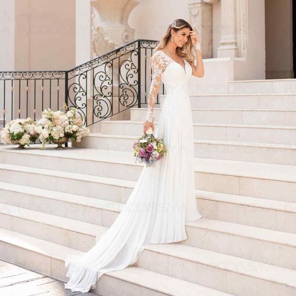 

long sleeves chiffon beach a line wedding dresses v neck open back white lace applique bridal gowns party vestidos de novia