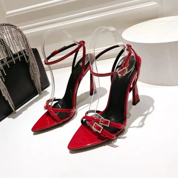 

women sandals stiletto heel dress shoes luxury designers genuine leather rhinestone buckle party wedding high heeled sandal 35-42, Black