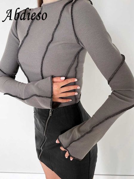 

women's t-shirt abdieso ribbed knitted long sleeve casual t shirts women white 2022 autumn winter o neck patchwork skinny basic black