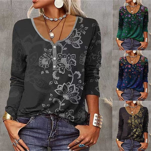 

women's t-shirt vintage y2k abstract women's autumn and wintercasual loose long-sleeved t-shirt printed theme u neck button elegan, White