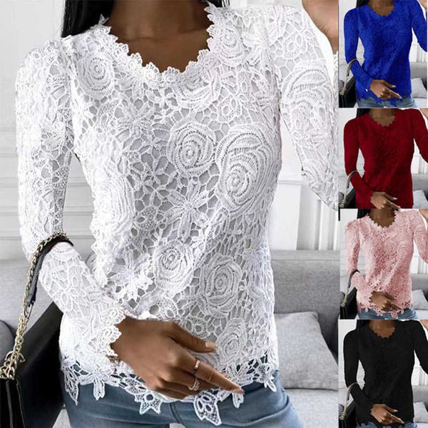 

women's t-shirt 2022 autumn and winter new women's casual elegant stitching lace long sleeve round neck solid color daily fashion, White