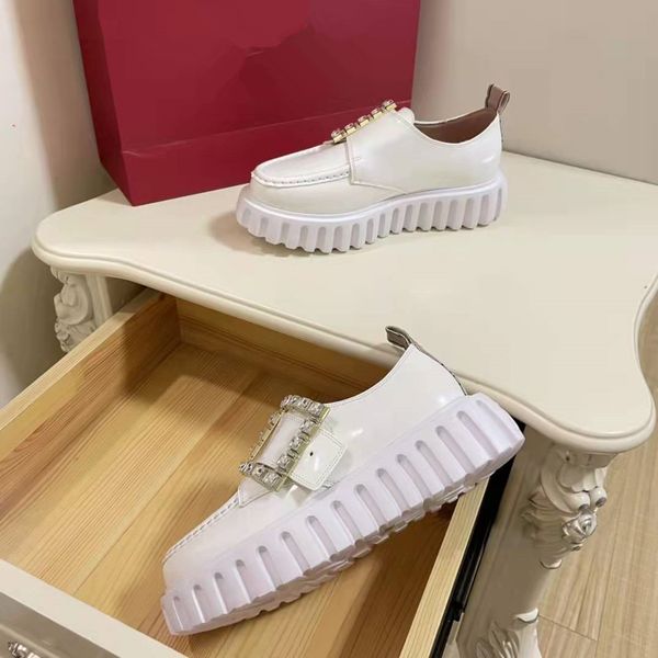 

spring and summer new rhinestone square buckle leffer shoes women's cow lacquer leather thick sole single shoes one foot on british, Black