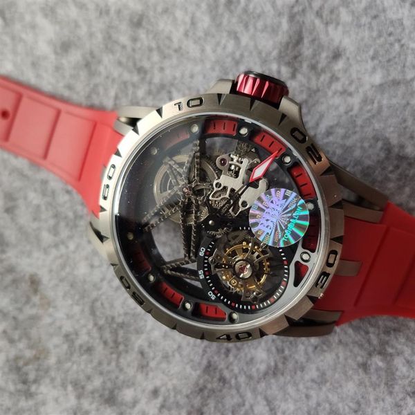 

45mm men watch wristwatch sapphire crystal waterproof skeleton rddbex0479 real tourbillion hand winding mechanical movement rubber212g, Slivery;brown