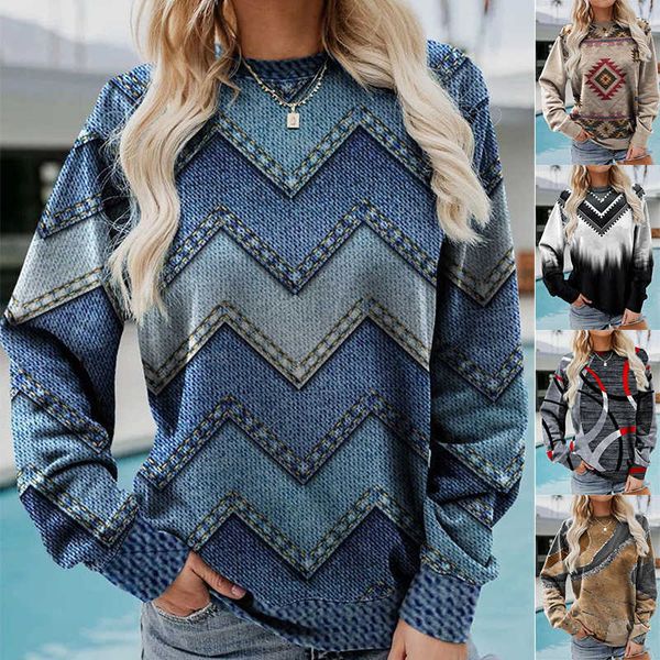 

women's t-shirt 2022 fall/winter new women's abstract geometric loose print oversize streewear long sleeve o-neck casual t-shirt s, White