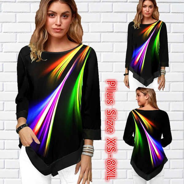 

women's t-shirt 2022 womens casual rainbow print t-shirt femme summer three quater sleeves asymmetric hem loose print round neck pillo, White