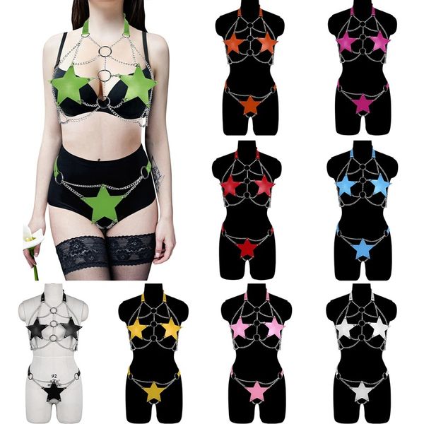 

costume accessories pentagram white leather full body harness bra cage waist pole party dance rave strap bondage garter belt lingerie punk, Silver