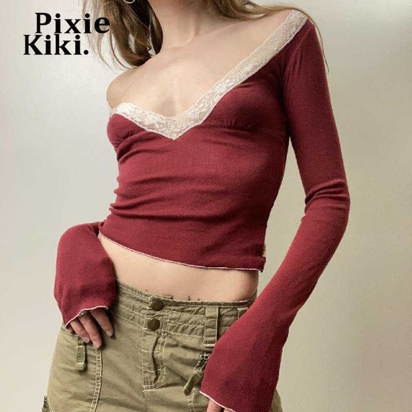 

women's t-shirt pixiekiki crop y2k vintage v neck t shirts for women clothing lace trim low cut long sleeve tees red black p33-be12 t2, White