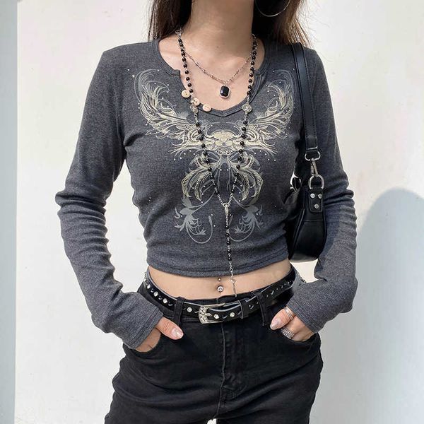 

women's t-shirt y2k crop women vintage grunge graphic print slim fit fairy tees retro aesthetic long sleeve female t shirt streetwear, White