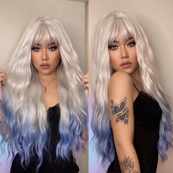 

long water wave synthetic wigs with bangs ombre white blonde blue cosplay party wigs for women heat resistant hairfactory direct, Black