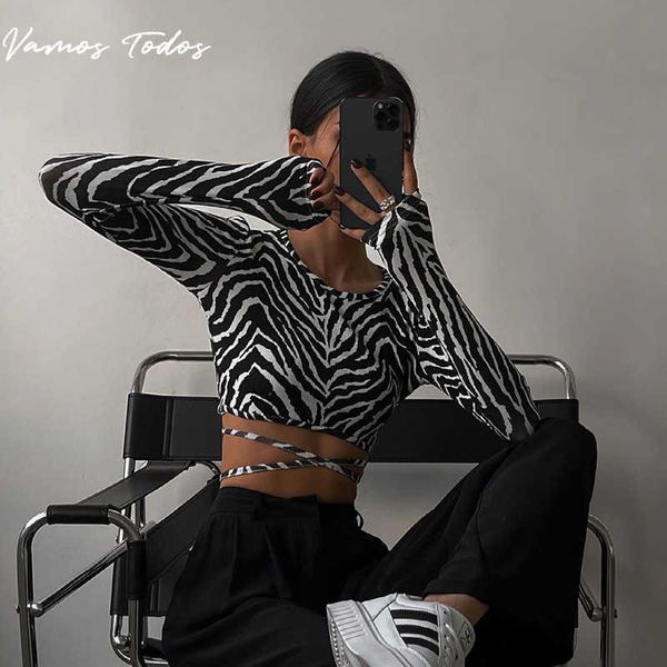 

women's t-shirt autumn y2k women's cropped backless zebra strip woman tshirts skinny long sleeve drawstring oversized t-shirt t23, White