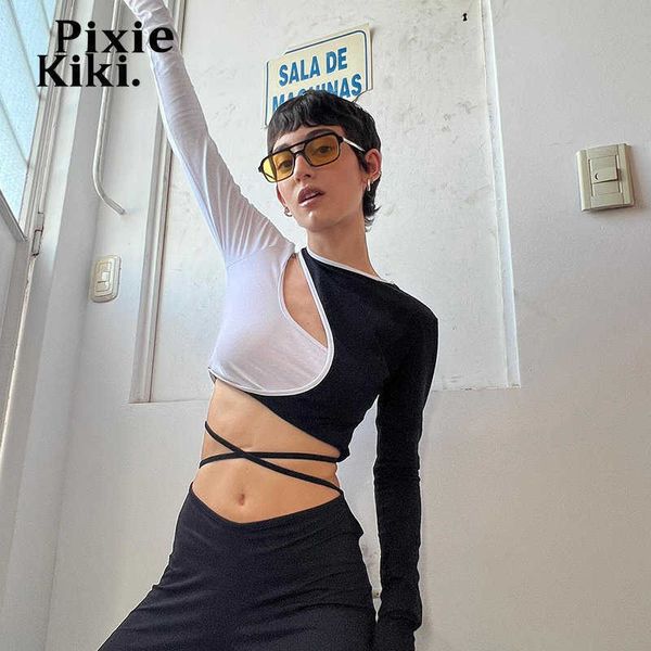 

women's t-shirt pixiekiki black and white patchwork t-shirts for women streetwear y2k irregular cut out long sleeve crop p85-bd17 t230