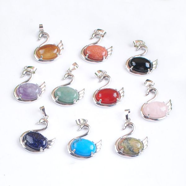 

yowost cute swan shape animal pendant oval natural stone necklace amethyst pink quartz crystal party fashion jewelry for women girls bn511, Silver